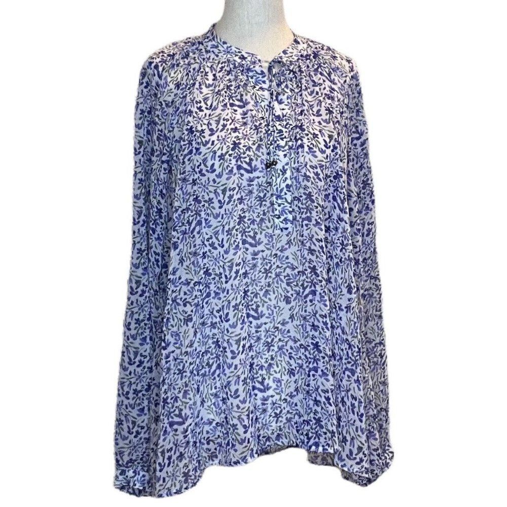 Joe Fresh Blouse Partial Button Up Shirt Tunic Purple White Green Womens Medium